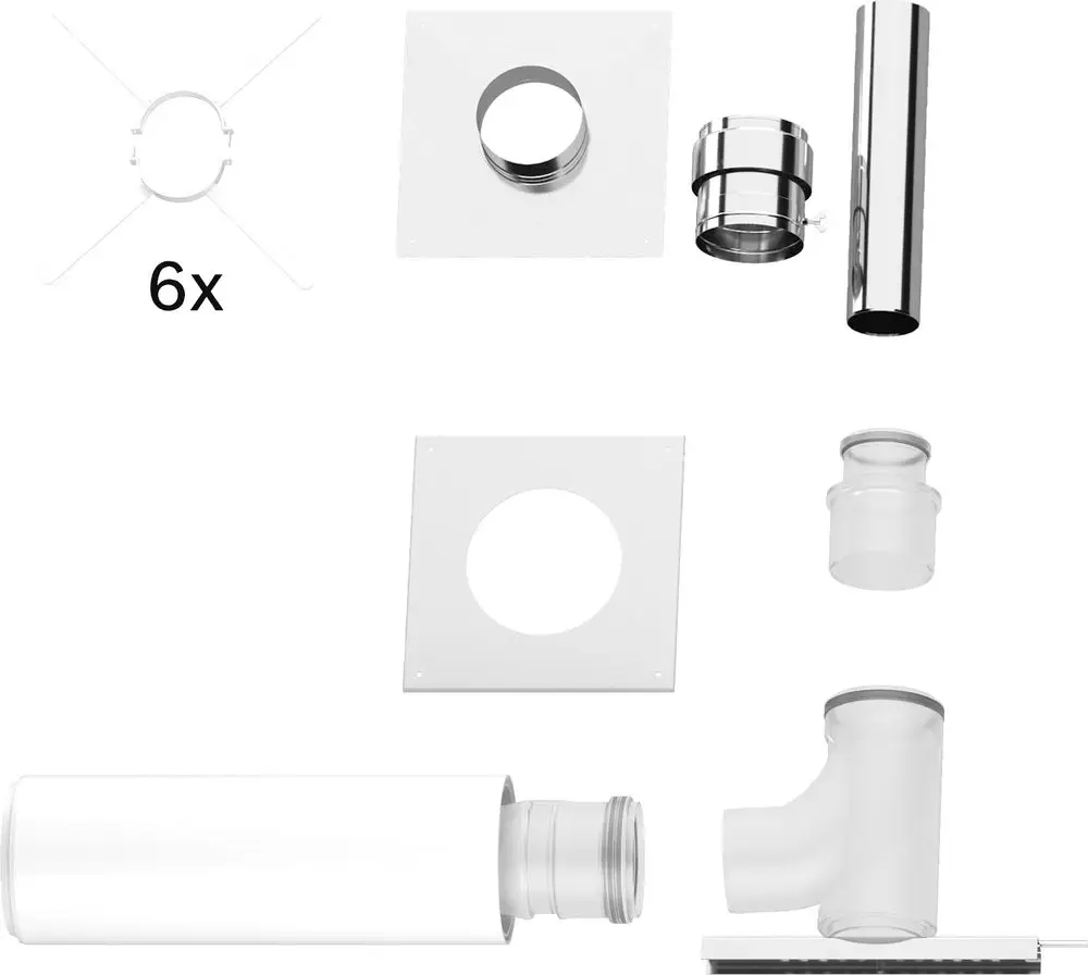 Montageset für Abgaszubehör bestehend aus verschiedenen Rohren und Verbindungsstücken, geeignet für Bosch Heizsysteme mit einem Durchmesser von 80 mm.